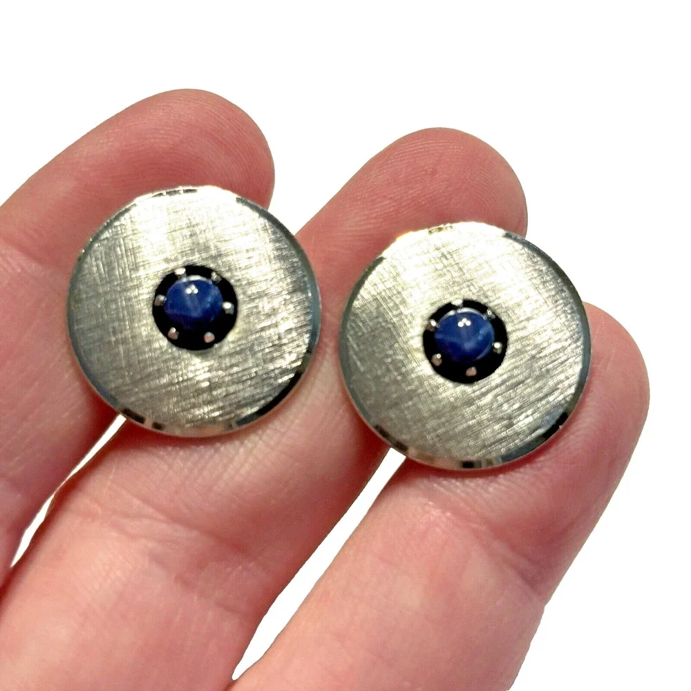 Vintage Anson Sterling Silver Cufflinks Brushed Discs with Blue Center Stones